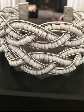 White Beaded Braided Cuff Bracelet - Women Jewelry